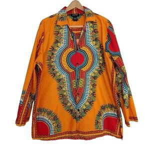 Ashro Mens XXL Orange Dashiki Print Cotton Long Sleeve Button Down Shirt Boho